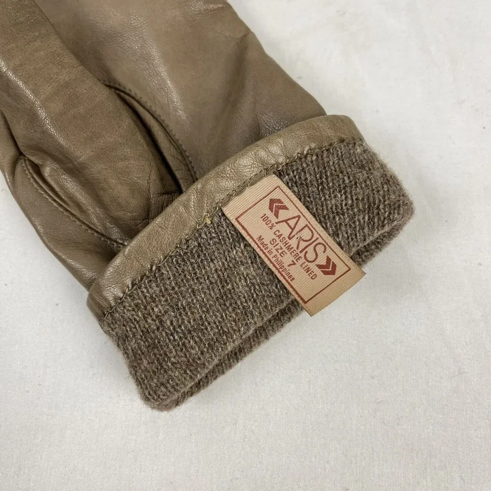Vintage ARIS Womens Taupe‎ Tan Leather Cashmere Lined Gloves Size 7